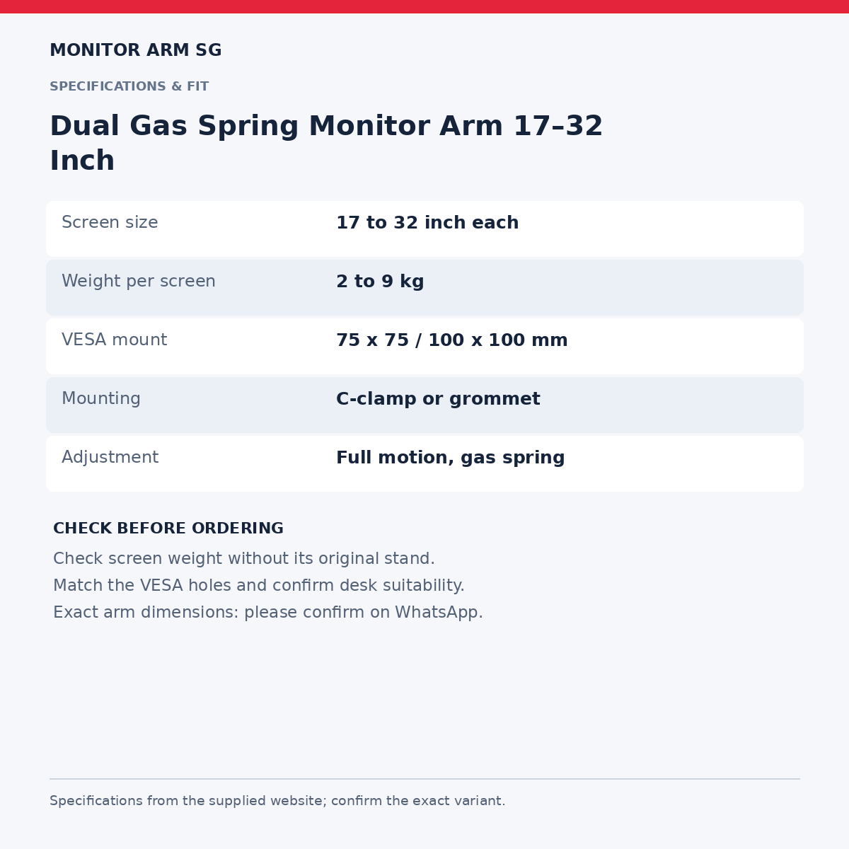 Dual Gas Spring Monitor Arm 17–32 Inch — specifications and measurements