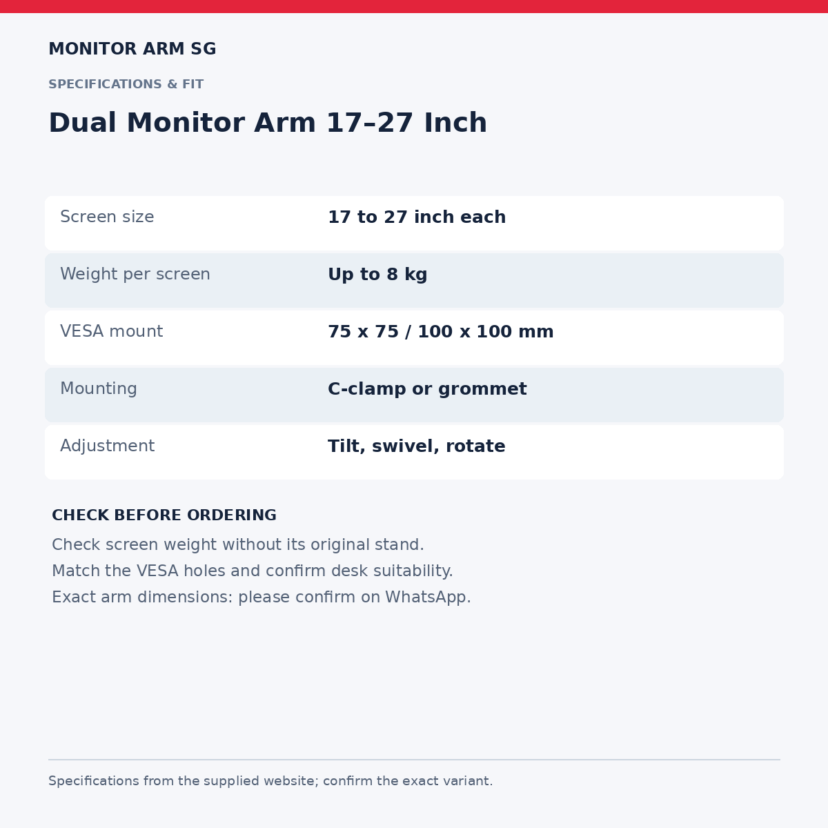 Dual Monitor Arm 17–27 Inch — specifications and measurements