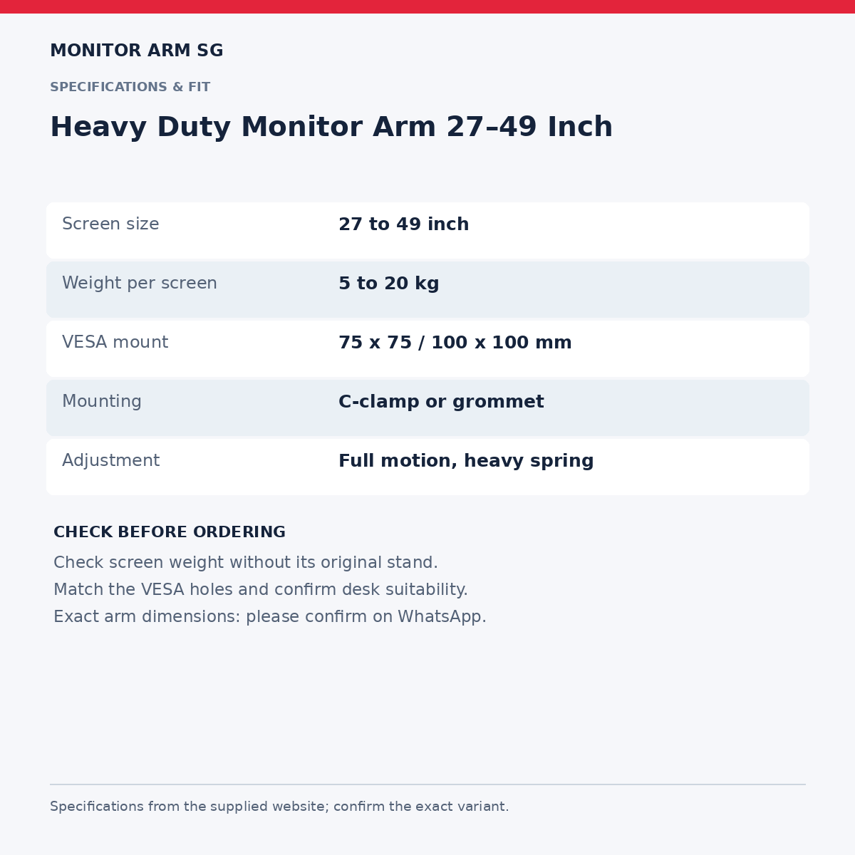 Heavy Duty Monitor Arm 27–49 Inch — specifications and measurements