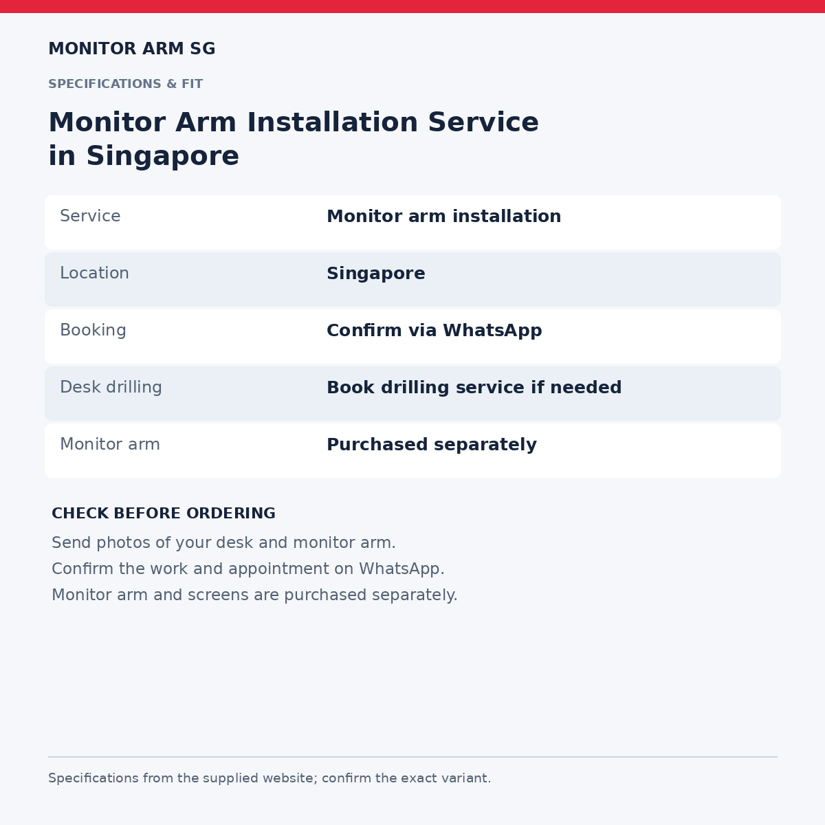 Monitor Arm Installation Service in Singapore — specifications and measurements