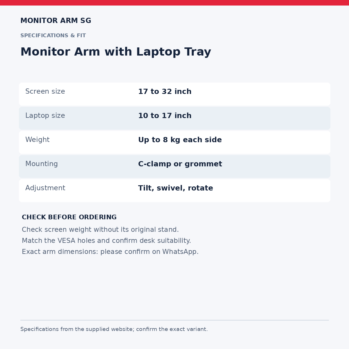 Monitor Arm with Laptop Tray — specifications and measurements