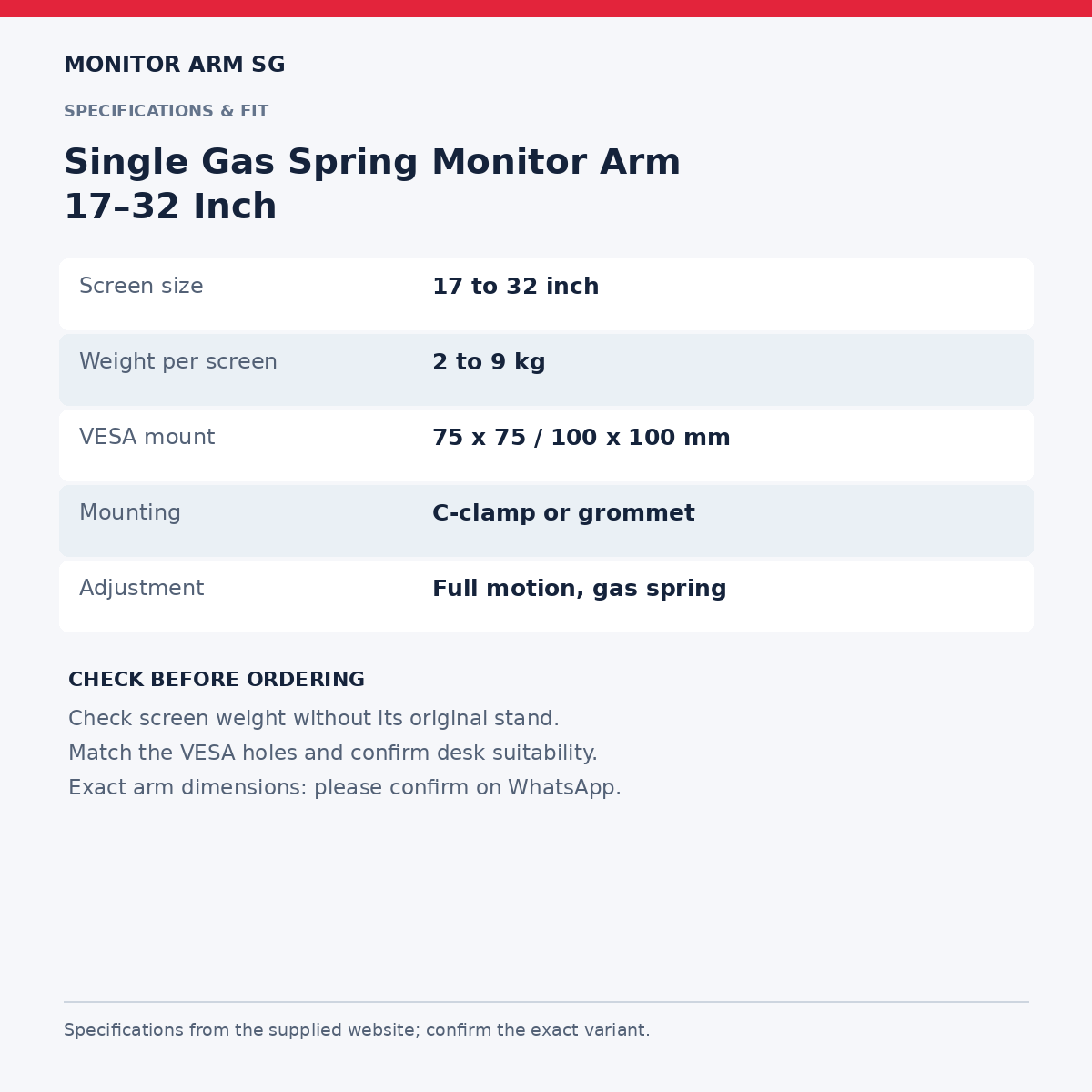 Single Gas Spring Monitor Arm 17–32 Inch — specifications and measurements