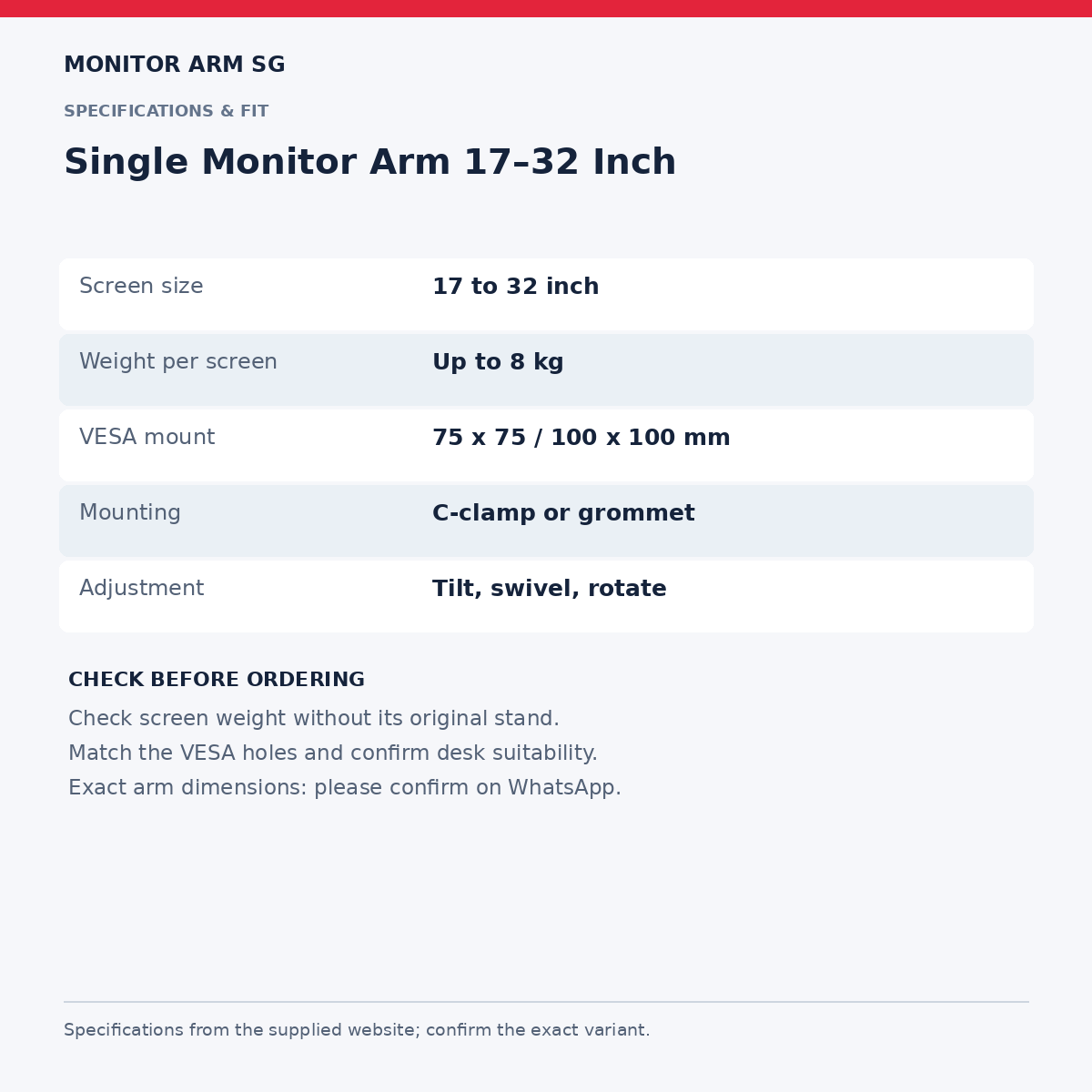 Single Monitor Arm 17–32 Inch — specifications and measurements