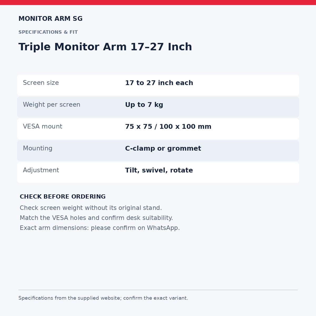 Triple Monitor Arm 17–27 Inch — specifications and measurements
